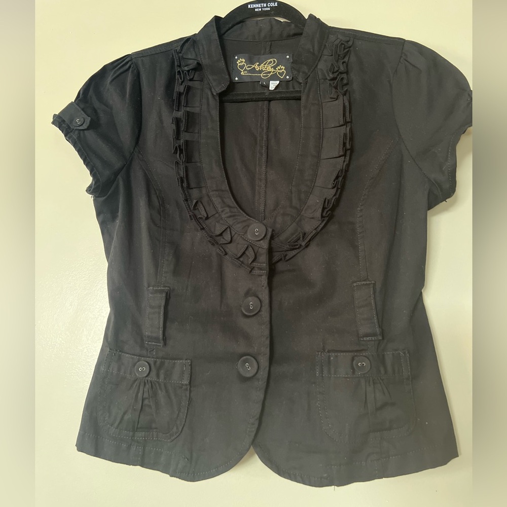 Ashley Black Short Sleeve Ruffle Trim blouse